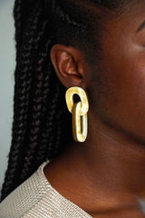 Close up image of link earrings on the ear of a model