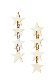 Close up image of star earrings, they are dangle statement earrings consisting of 4 stars linked together